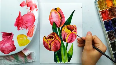 Как нарисовать тюльпаны акварелью. Рисунок на 8 марта. Акварель для  начинающих - YouTube