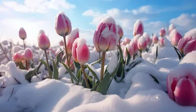 Обои на рабочий стол Розовые тюльпаны и весенняя ветка припорошена снегом,  фотограф Junling Huo, обои для рабочего стола, скачать обои, обои бесплатно