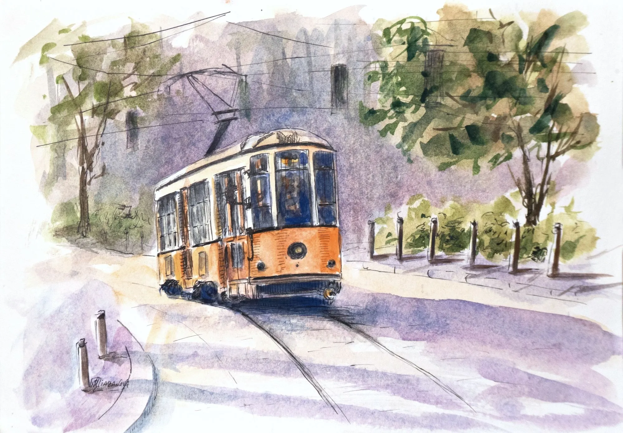 Город трамвай детвора. Трамвай 432 Макс Фрай. Трамвай акварель. Городской пейзаж с трамваем. Трамвай живопись.