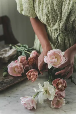Фотография руки, держащей цветы на фоне заката