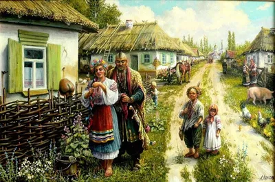 Картина Женщина во дворе серии Украинская хата ᐉ Обертас Юрий ᐉ  онлайн-галерея Molbert.