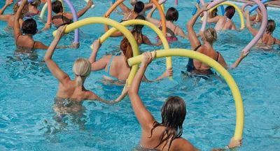 занятия аквааэробикой для женщин с пенопластовыми гантелями в бассейне Фото  Фон И картинка для бесплатной загрузки - Pngtree
