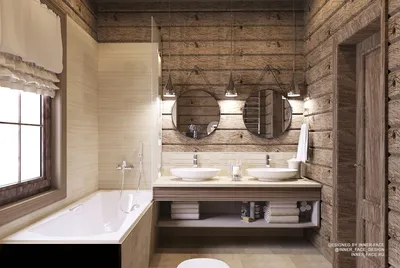 Интерьер ванной комнаты в деревянном доме из сруба.