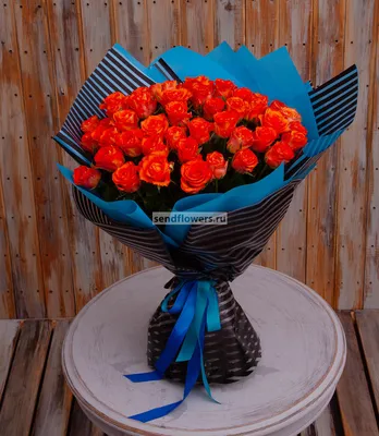 25 оранжевых роз Вау с эвкалиптом | купить недорого | доставка по Москве и  области