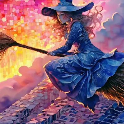 Красивая ведьма в шляпке на метле …» — создано в Шедевруме