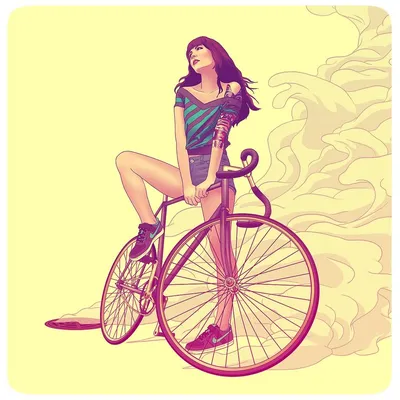 Иллюстрация девочка на велосипеде в стиле персонажи |