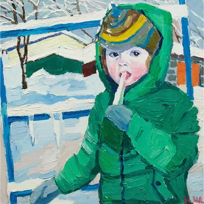 Зимние забавы, Евгений Балакшин- картина, катание на санках, веселье,  мороз, деревня